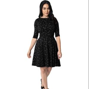 Unique Vintage Black & Grey Bats Print Stephanie Fit & Flare Dress